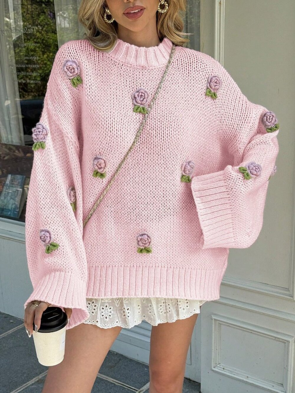 Light Pink Casual Women's Knitted 3d Floral detailed Sweater - Picture 8 of 11